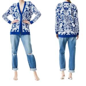 Alice + Olivia Bradford‎ Paisley Grandpa Cardigan Blue White Size Large Sweater